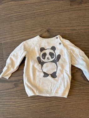 H&M Cream and Black Panda Graphic Crewneck Sweater